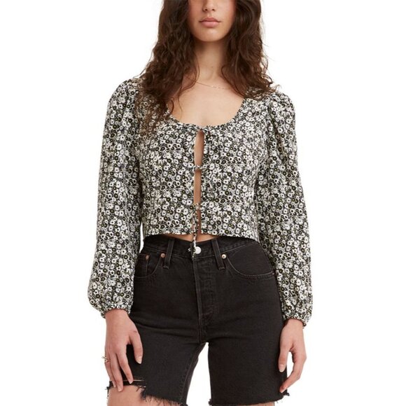 Levi’s Blouse Embry Front Tie Top Sheer Black White Floral Blouse Plus Size 3XL - Picture 6 of 8